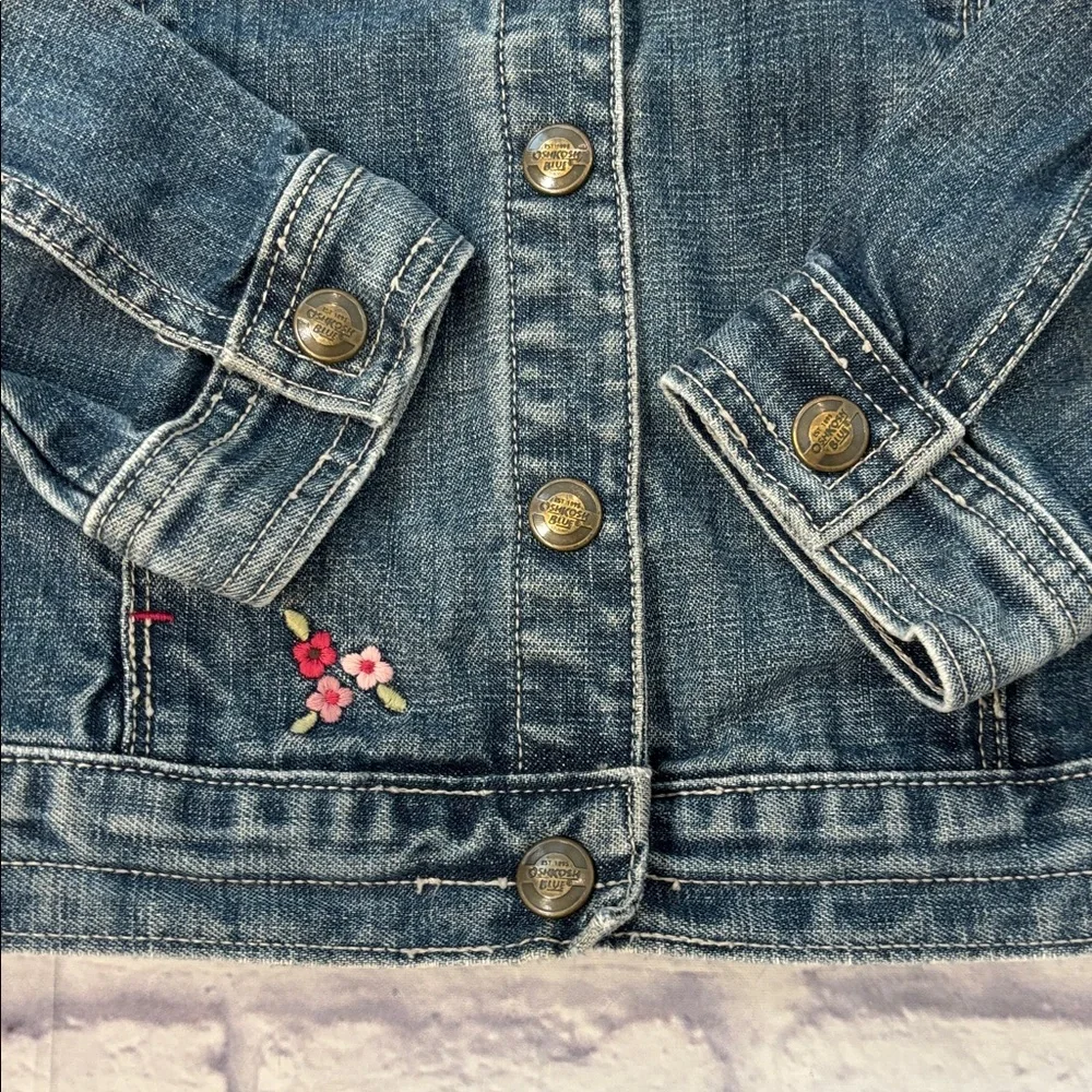 Oshkosh Girls Denim Jean Jacket Pink Floral Embroidery Button Front Girls Size 5